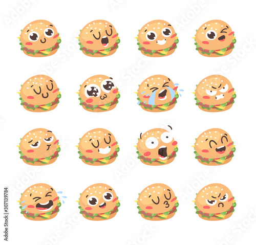 Cartoon drawing set of fast food emoji. Hand drawn emotional meal.Actual Vector illustration american cuisine. Creative ink art work burger