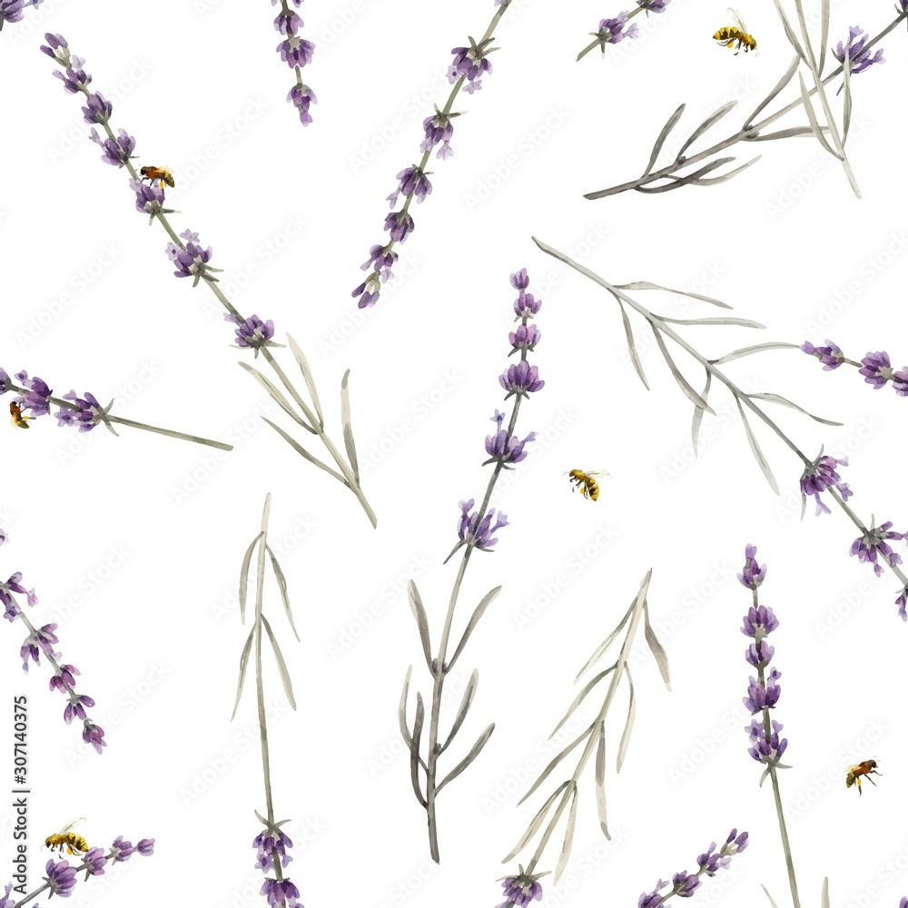 Beautiful vector watercolor floral seamless pattern with lavanda flowers. Stock illustration.