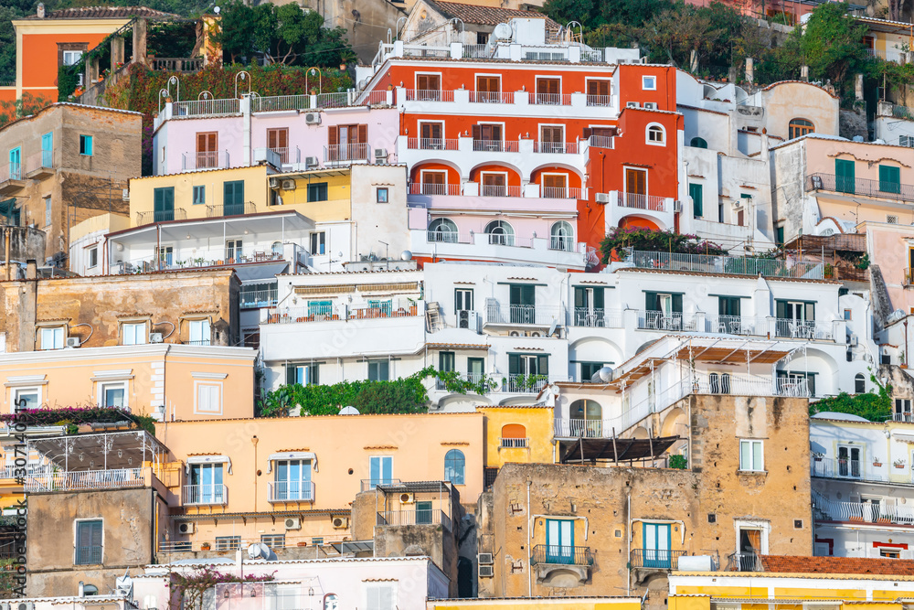 Naklejka premium Colorful houses of Positano along Amalfi coast, terraced houses, Campania, Italy.