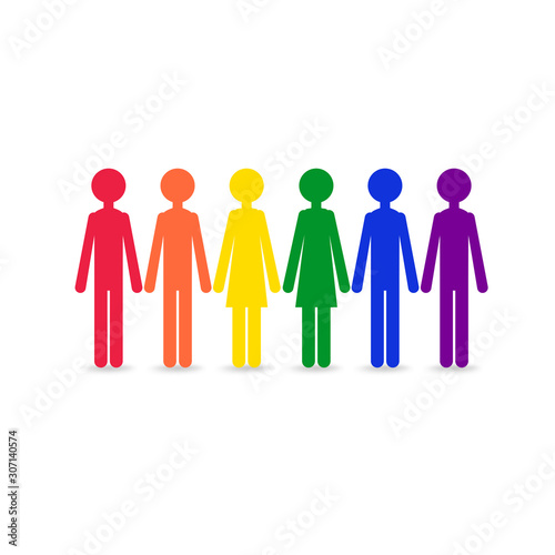 People in a rainbow color - a symbol LGBT community and movement of sexual minorities. Vector illustration of human silhouettes in one team on a white. 