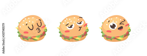 Fototapeta Naklejka Na Ścianę i Meble -  Cartoon drawing set of fast food emoji. Hand drawn emotional meal.Actual Vector illustration american cuisine. Creative ink art work burger