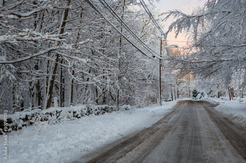 Snowy road in New England town