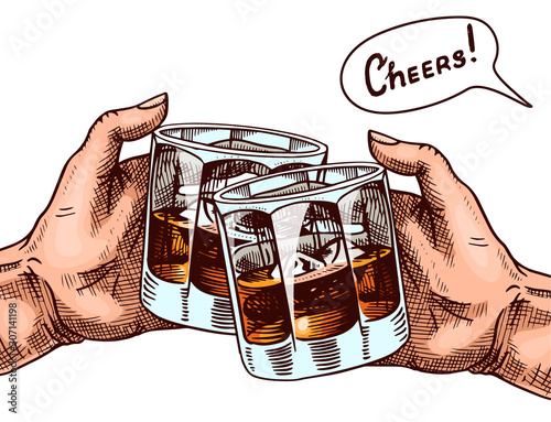 Cheers toast poster. A glass of whiskey in the hands. Vintage American badge. Strong drink background. Hand drawn engraved sketch for logo, banner or t-shirt.