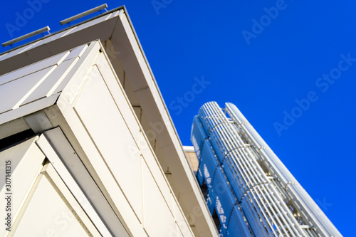 Photo of a beautiful blue sky on a sunny clear day on the background of the building