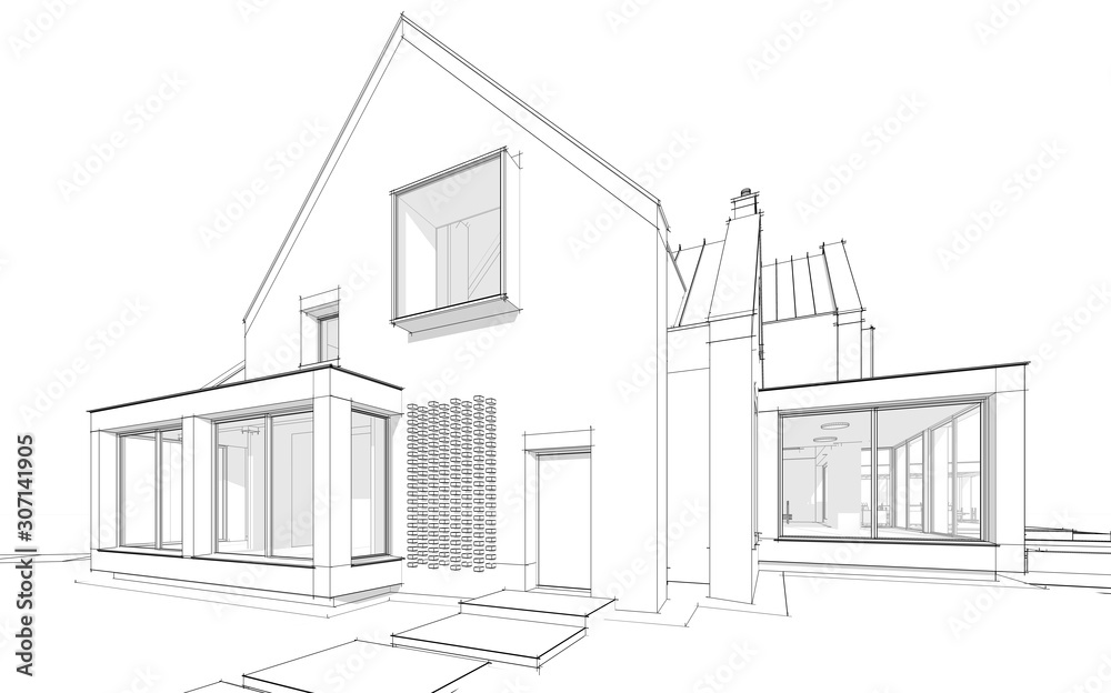 3d rendering of modern cozy clinker house on the ponds with garage and pool for sale or rent. Black line sketch with soft light shadows on white background 3d rendering of modern cozy clinker house on the ponds with garage and pool for sale or rent. Black line sketch with soft light shadows on white background