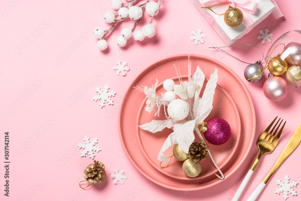 Christmas table setting on pink top view. Christmas table setting on pink top view.