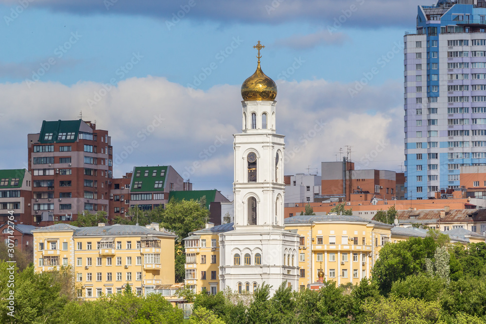 View of the bell tower of the Iversky monastery in Samara
