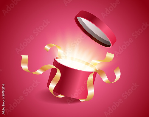Red round opened 3d realistic gift box with magical shining glow and golden ribbons flying off cover, place for your text vector illustration
