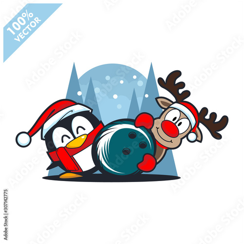 Bowling ball santa hat with cartoon christmas penguin and deer logo vector