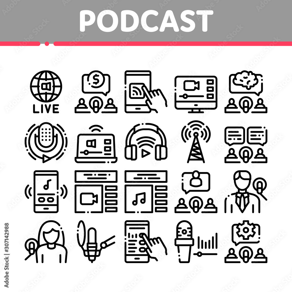Podcast And Radio Collection Icons Set Vector Thin Line. Internet Global Live Broadcasting Podcast, Headphones, Microphone And Antenna Concept Linear Pictograms. Monochrome Contour Illustrations Podcast And Radio Collection Icons Set Vector Thin Line. Internet Global Live Broadcasting Podcast, Headphones, Microphone And Antenna Concept Linear Pictograms. Monochrome Contour Illustrations