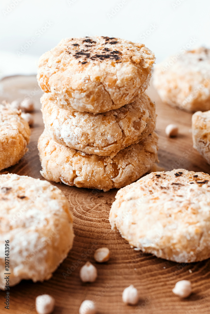 Chickpeas pancakes. Vegan cutlets. Healthy plant foods.