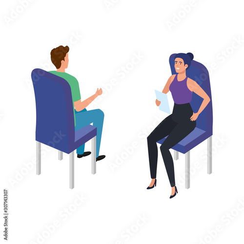 young couple sitting in chair isolated icon vector illustration design