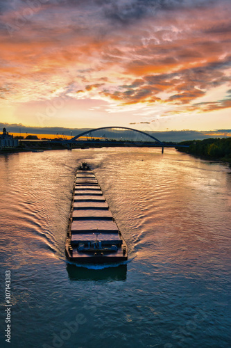 Sunrise over Danube river ship in Bratislava, Slovakia