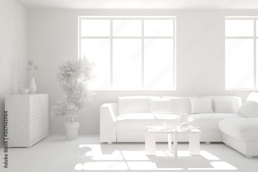 Mock up of stylish room in white color with sofa. Scandinavian interior design. 3D illustration Mock up of stylish room in white color with sofa. Scandinavian interior design. 3D illustration