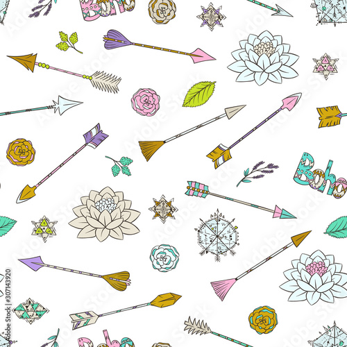 Boho style pattern. Doodle ethnic background. Tribal. Bohemian style. Folk. Ornaments. Fashion. Fabric design. Arrows.