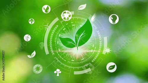 environment icons over the Network connection on nature background, Technology ecology concept. Hand holding and protection with environment icons over the Network connection on nature background photo