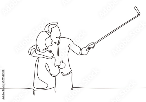 Continuous one line drawing of selfie couple. Man holding stick and camera of smartphone to capture romantic moment with girl.