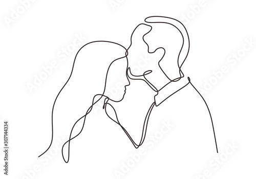 Continuous one line drawing of couple in love. Man kiss to a girl or woman in romantic situation. Vector minimalism design.
