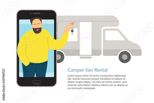 The concept of camping, selection and camper rentals via the Internet on the phone. Vector illustration, template.