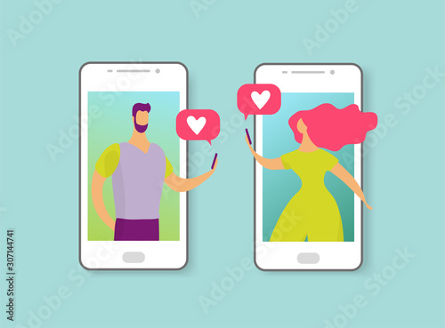 Man and woman write messages about love or date. Online dating concept. The characters on the phone screen fell in love. Flat cartoon vector illustration. photo