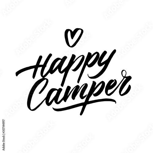 Happy Camper hand written badge phrase. Vector illustration.