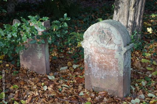 Zwei alte, verwitterte jüdische Grabsteine auf dem Friedhof von Landau in der Pfalz