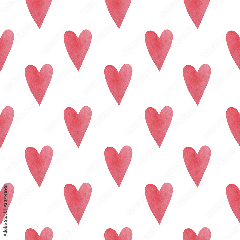 Watercolor seamless pattern with red hearts.