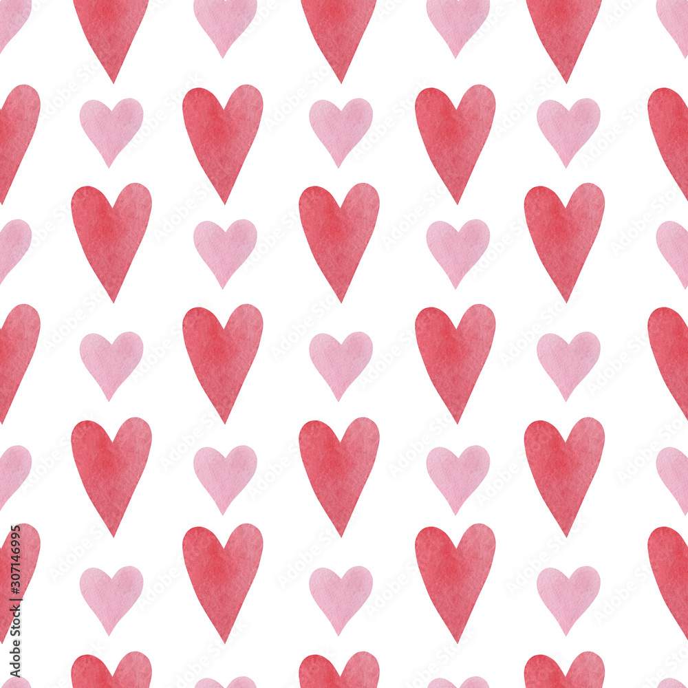 Watercolor seamless pattern with red and pink hearts.
