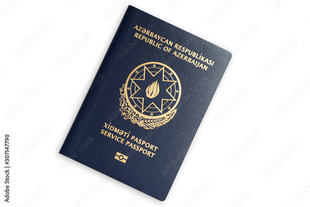 Blue Azerbaijan biometric service passport isolated on white background
