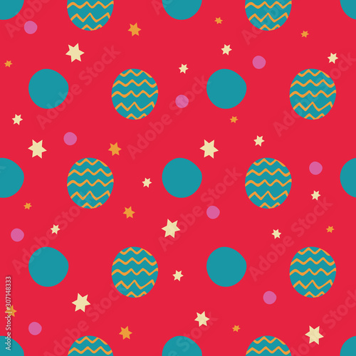 Vector bohemian christmas golden stars, turquoise and pink balls, red background seamless repeat pattern