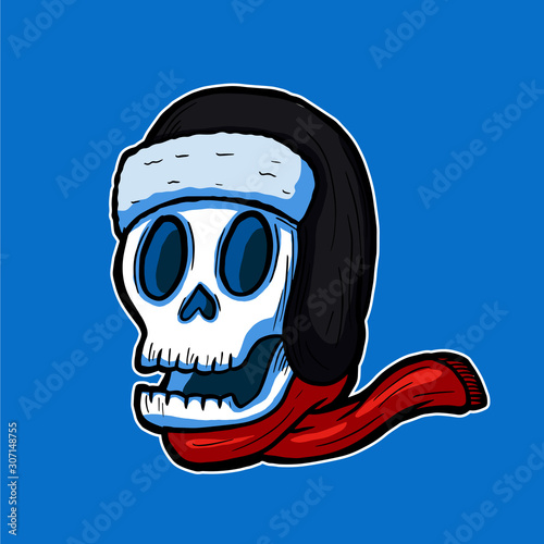 Smiling skull head wearing cold weather beanie hat and scarf vector illustration character colored handrawn tattoo design for winter season concept