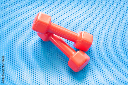 couple of red fitness dumbbells rest on a blue gymnasium mat with copy space for your text photo