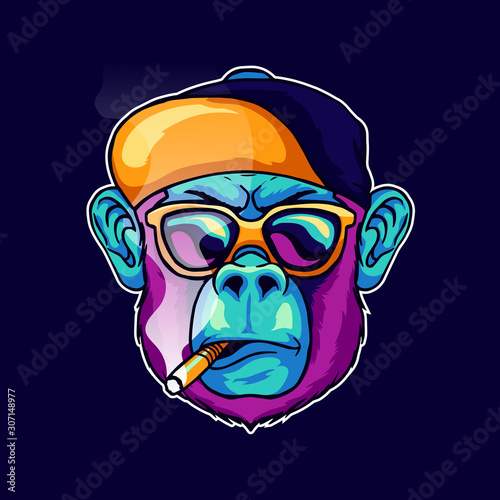 cool face monkey smoke cigarette wear a stylish glasses and cap hat vector illustration. Pop art color animal gorilla head creative character mascot logo design photo