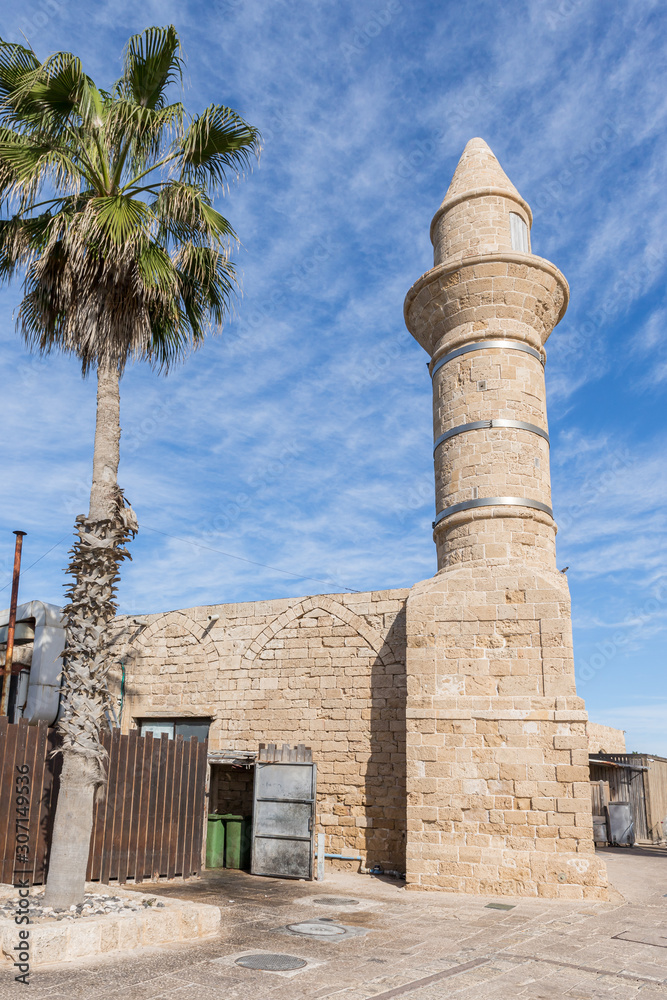 The remains  of an old inactive mosque - Islam Camii - with a minaret is located in Caesarea city, on the shores of the Mediterranean Sea, in northern Israel