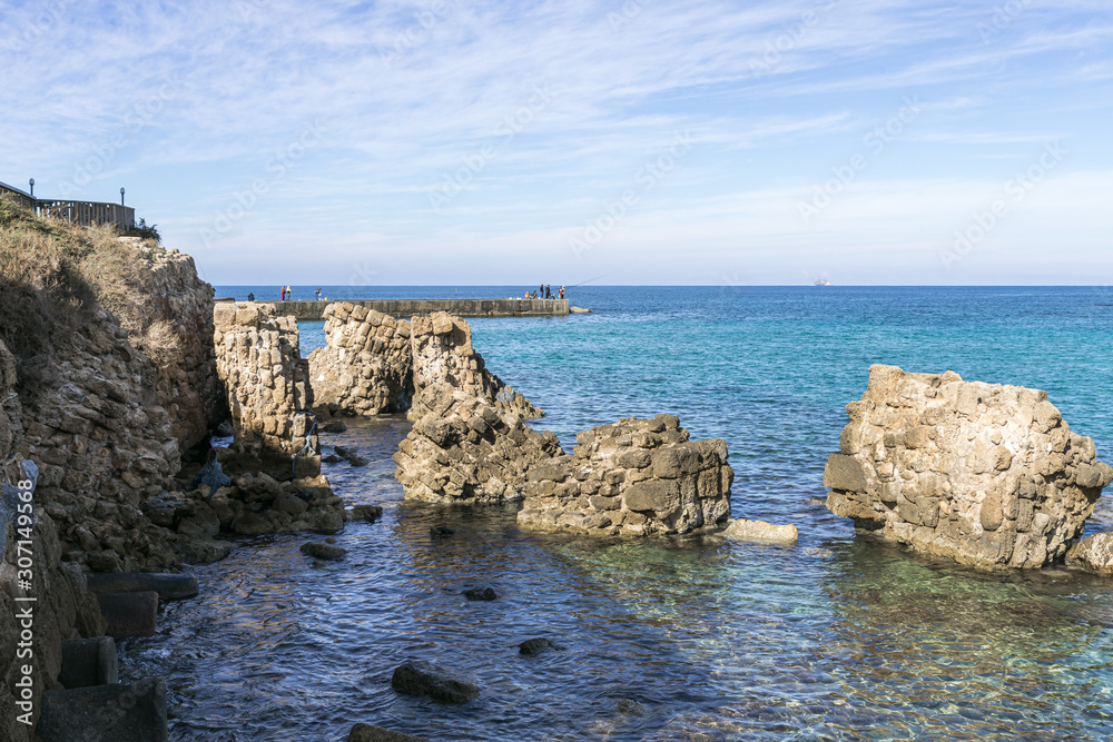 Remains  of the marina and commercial port in Caesarea city, on the shores of the Mediterranean Sea, in northern Israel