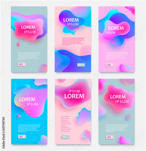Vector set of creative fluid style poster set, dynamic 3D shapes. Use for party, banner, cover, print, promotion, greeting, ad, web, page, header