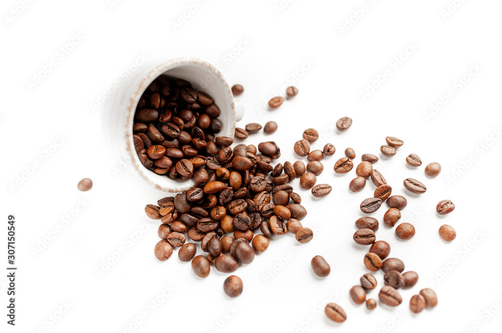 Cup of coffee with fried beans on white background, isolate Cup of coffee with fried beans on white background, isolate