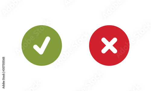 Tick and cross signs. Green checkmark OK and red X icons, Simple marks graphic design. Circle symbols YES and NO button for vote, Check box list icons. Check marks vector.