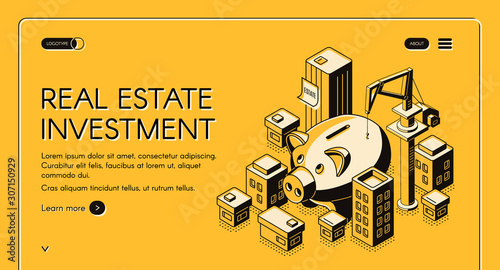 Real estate investment isometric landing page, huge piggy bank surrounded with skyscrapers and building crane, invest fund increase money finance business. 3d vector illustration, line art web banner