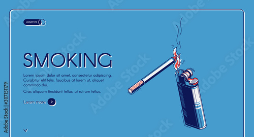 Smoking isometric landing page, cigarette get light from lighter on blue retro colored background, tobacco nicotine addiction, bad unhealthy habit web banner design. 3d vector line art illustration