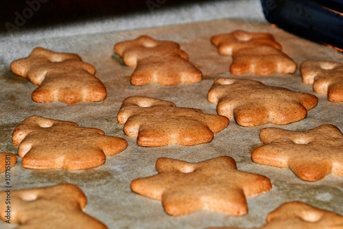 Christmas cookies. Homemade gingerbread cookies in various shapes on the baking tray. Cookies freshly made at home, golden browned colored cookies before decorating with icing