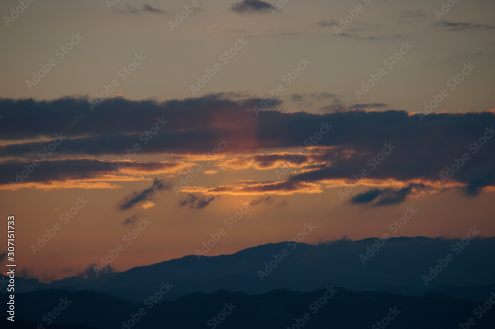 Japan city and lake sunset landscape