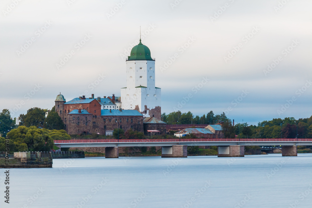 Long-exposure view of the Vyborg Castle and the Petrovsky Bridge in overcast day, Vyborg, Leningrad Oblast, Russia