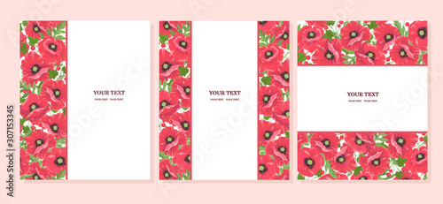 Red poppy flowers with leaves and berries. Collection of postcards with wildflowers on white background and space for text.