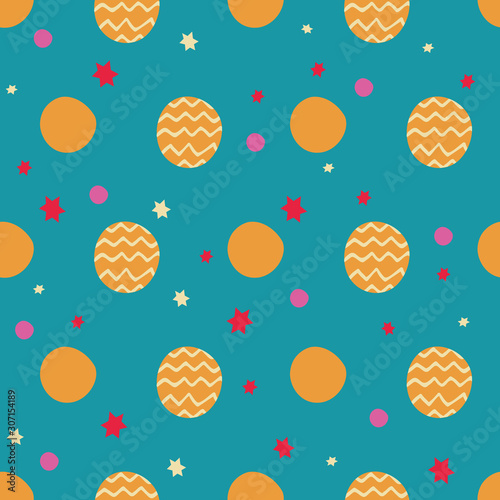 Vector bohemian christmas pink and red stars, golden balls, turquoise background seamless repeat pattern