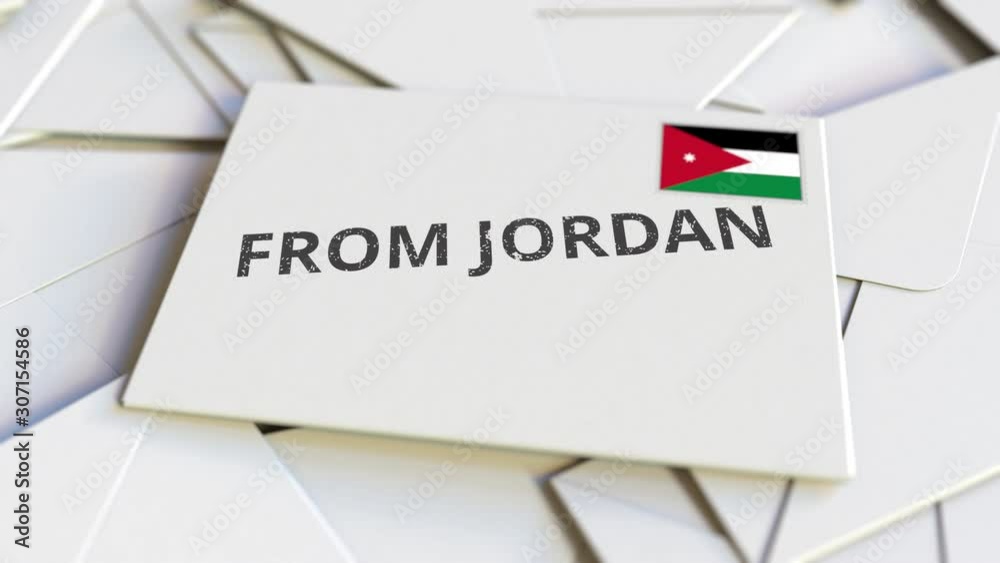 Envelope with From Jordan text on pile of other envelopes. International mail related conceptual 3D animation Envelope with From Jordan text on pile of other envelopes. International mail related conceptual 3D animation