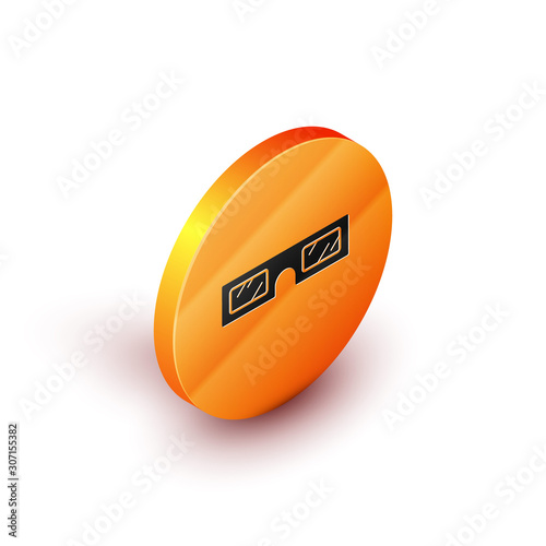 Isometric 3D cinema glasses icon isolated on white background. Orange circle button. Vector Illustration