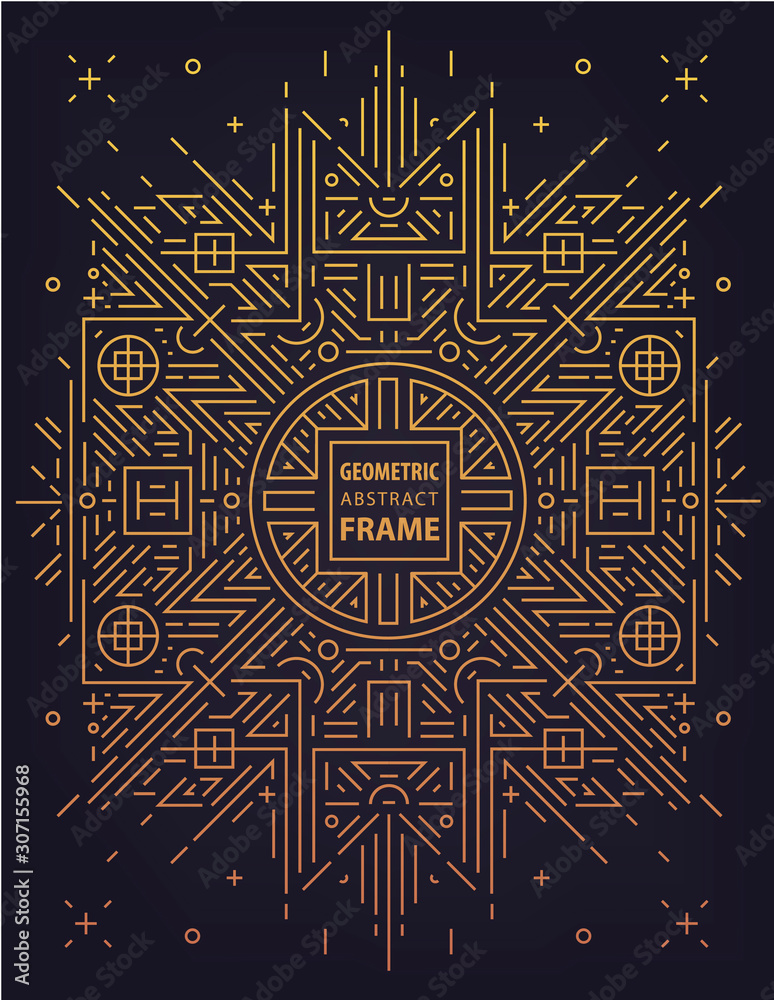 Vector abstract chinese geometric frame, golden background, luxury border