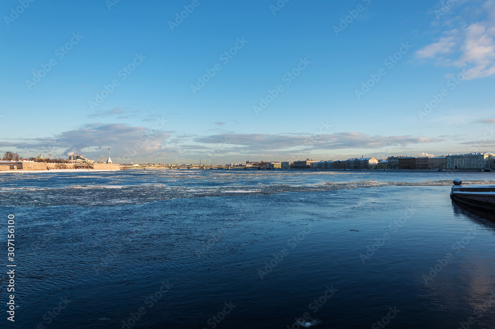 wide panoramic view of the Neva river on a Sunny winter day wide panoramic view of the Neva river on a Sunny winter day