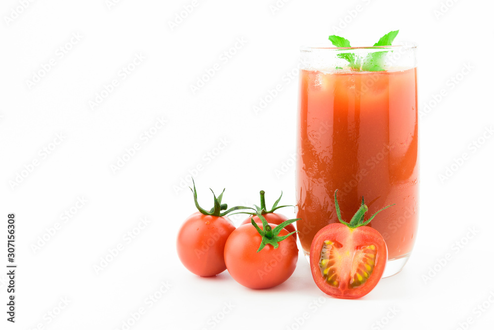 Red fresh tomatoes juice isolated on white background Red fresh tomatoes juice isolated on white background